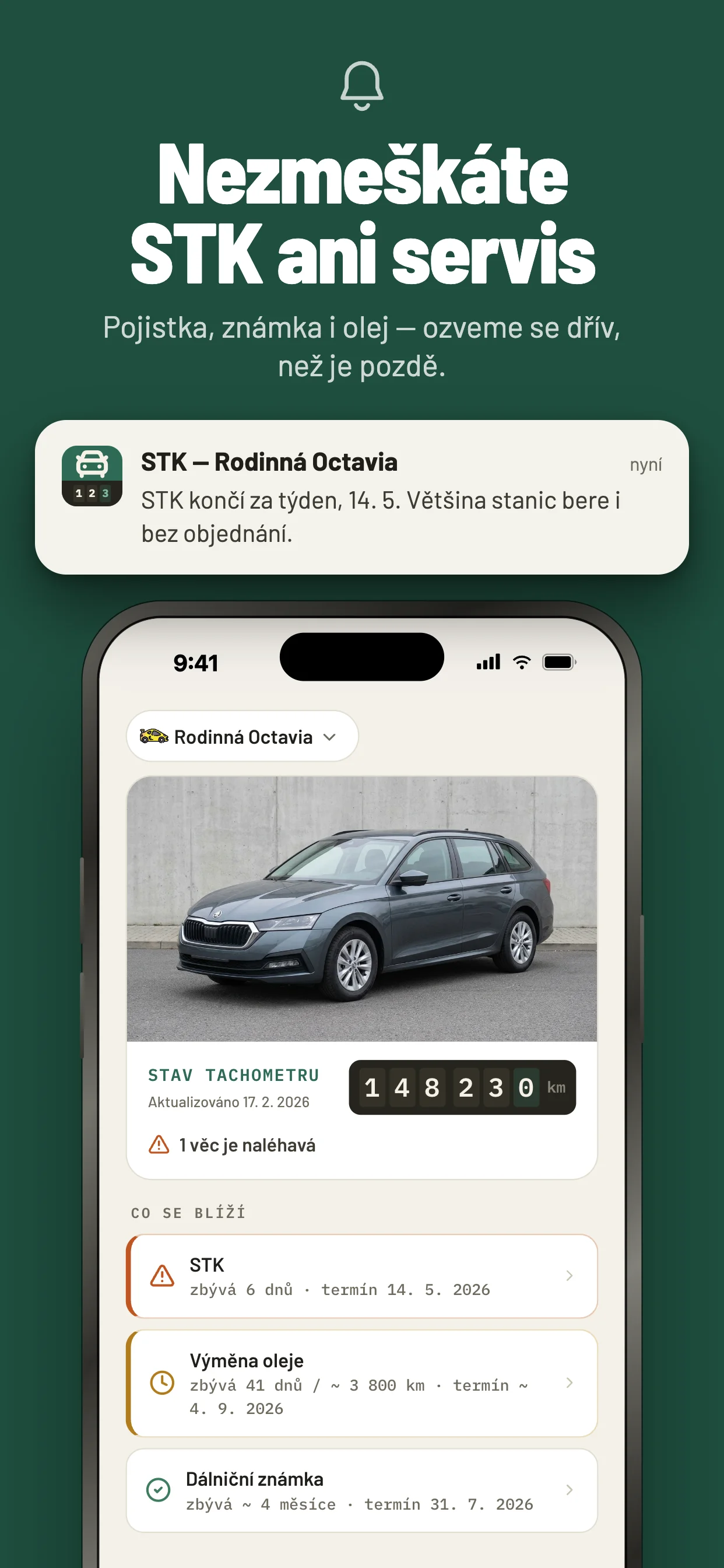 Najeto — dashboard s blížícími se termíny
