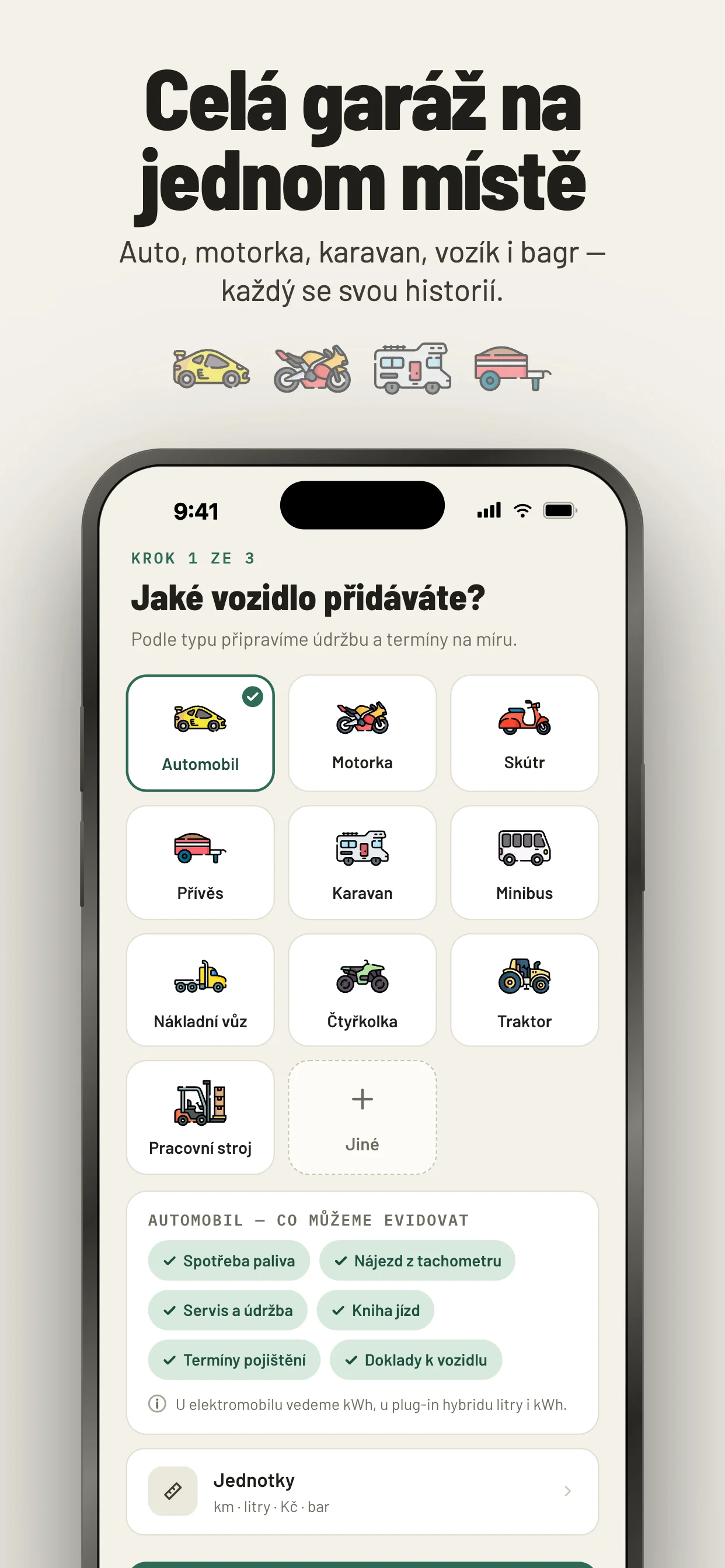 Najeto — výběr typu vozidla při přidávání do garáže