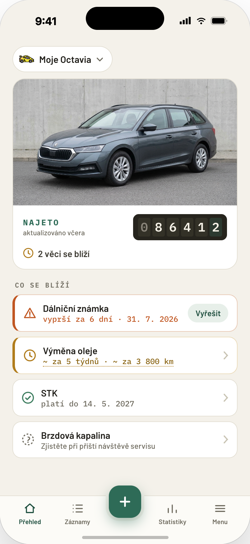 Najeto — dashboard s blížícími se termíny