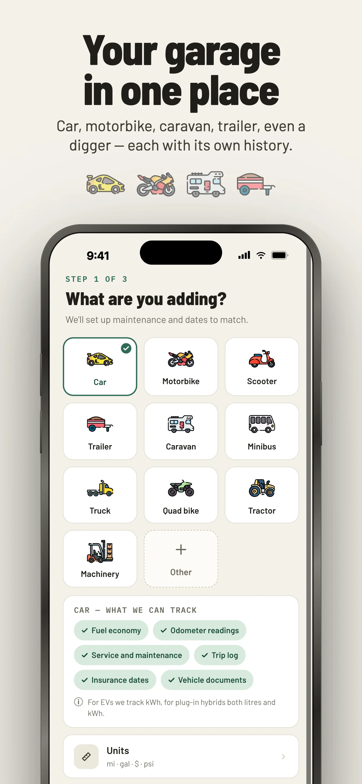 Najeto — choosing a vehicle type when adding it to the garage